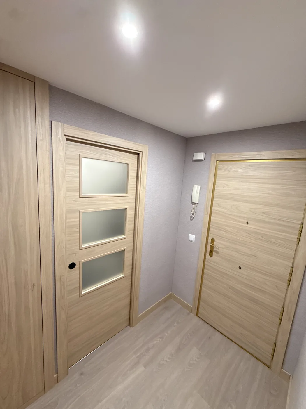 Puertas de interior de madera y puerta de entrada panelada instaladas en una vivienda de Madrid